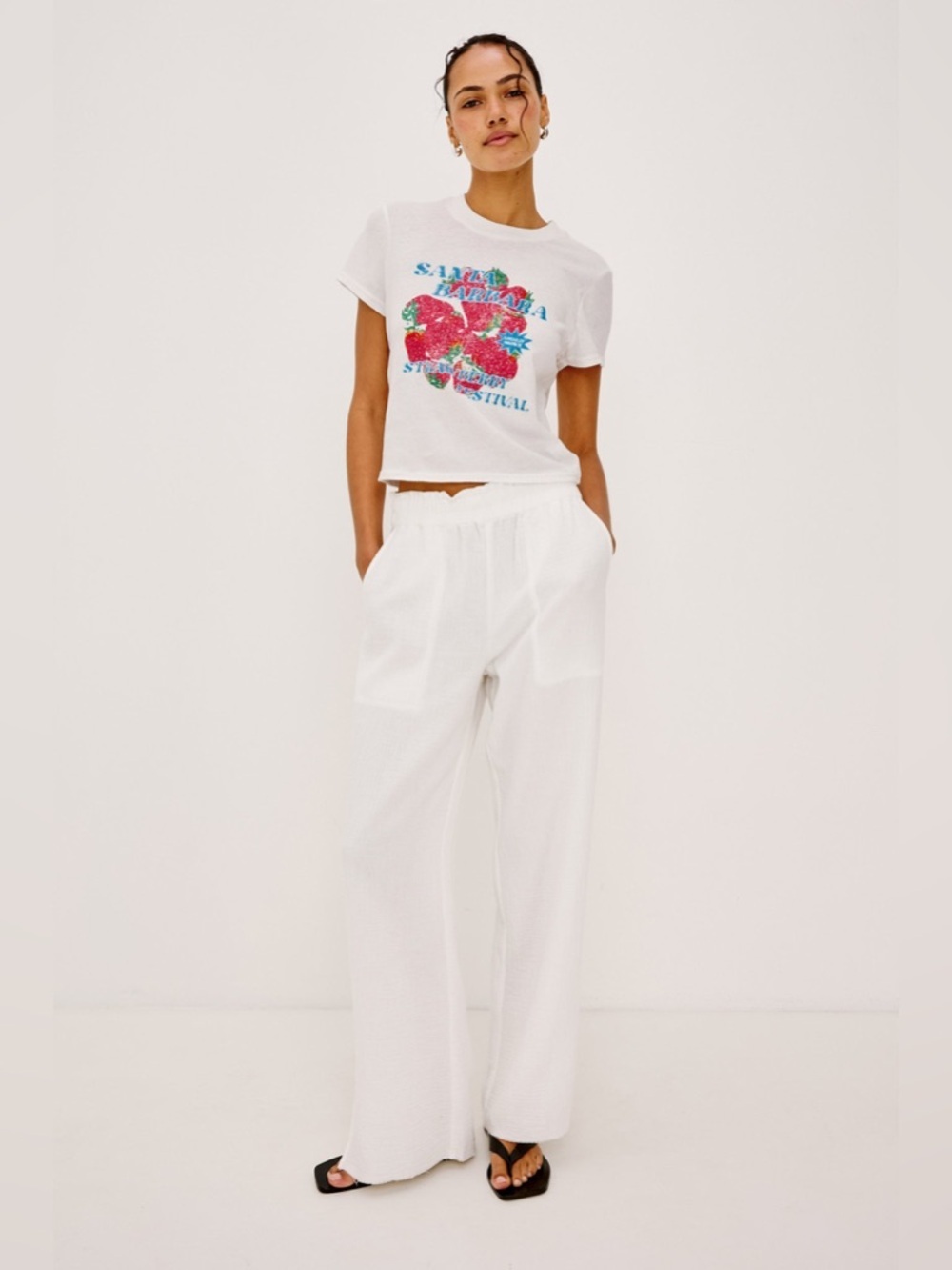 Rails | Leon White Cotton Gauze Wide Leg Pull On Pants, Size L